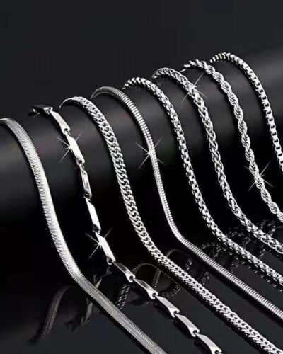 8pcs Stainless Steel Necklaces Set Chain for Men-silvery