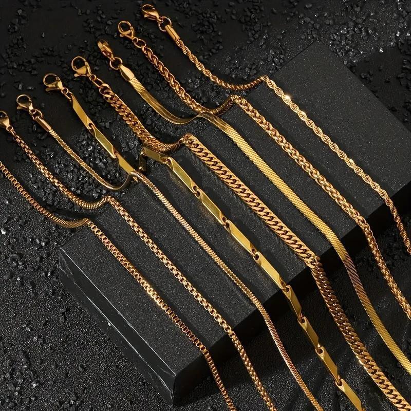 8pcs Stainless Steel Necklaces Set Chain for Men-gold plated