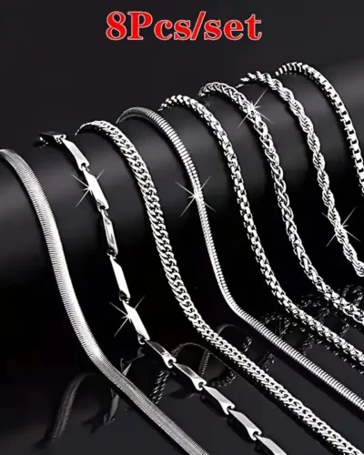 8pcs Stainless Steel Necklaces Set Chain for Men 7