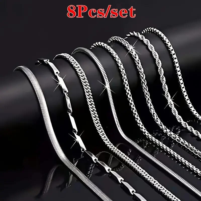 8pcs Stainless Steel Necklaces Set Chain for Men - Image 12