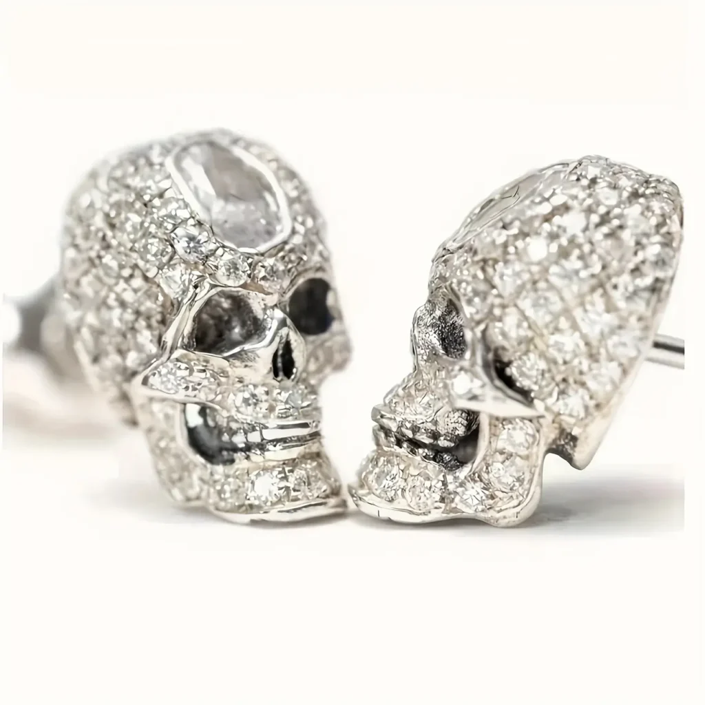 1Pair 925 Silver Plated Synthetic Zirconia Men's Skull Earrings - Image 3