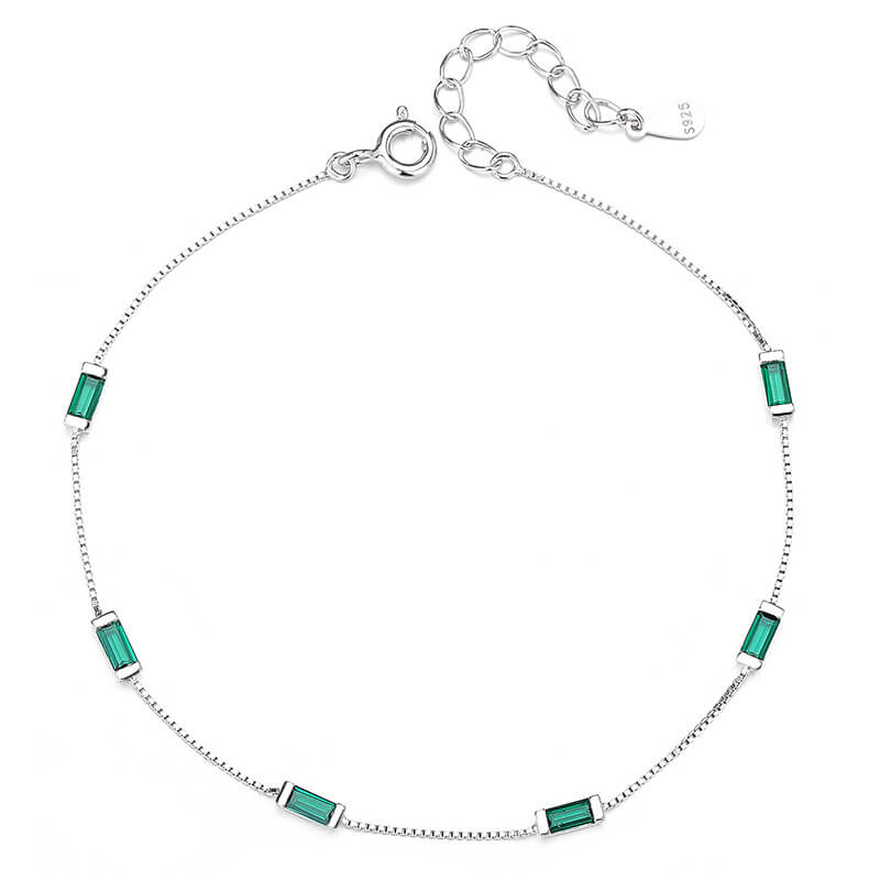 925 Sterling Silver Box Chain Bracelet with Square Gemstones WHITE GOLD