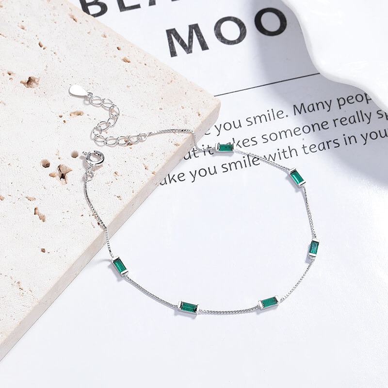 925 Sterling Silver Box Chain Bracelet with Square Gemstones - Görüntü 4