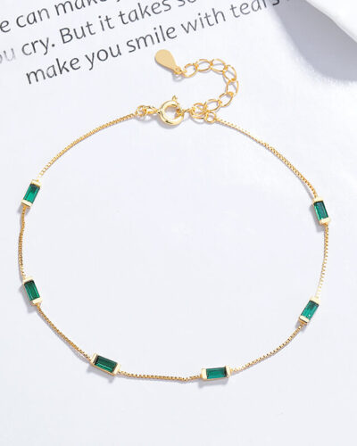 925 Sterling Silver Box Chain Bracelet with Square Gemstones GOLD
