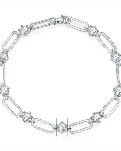 925 Sterling Silver Paperclip Bracelet with Round Moissanite white gold