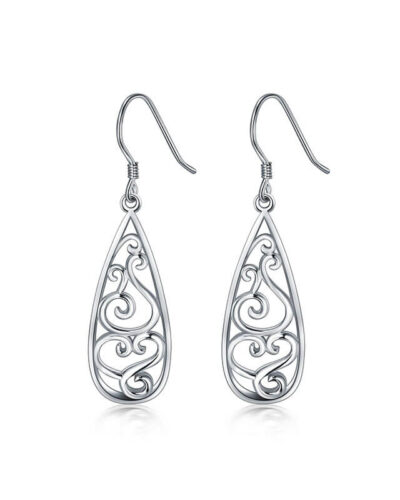 925 Sterling Silver Teardrop Dangle Earrings Hollowed WHITE GOLD