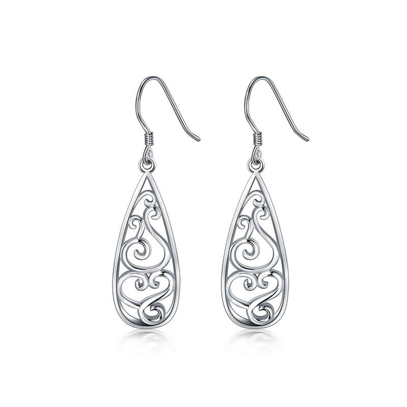 925 Sterling Silver Teardrop Dangle Earrings Hollowed WHITE GOLD