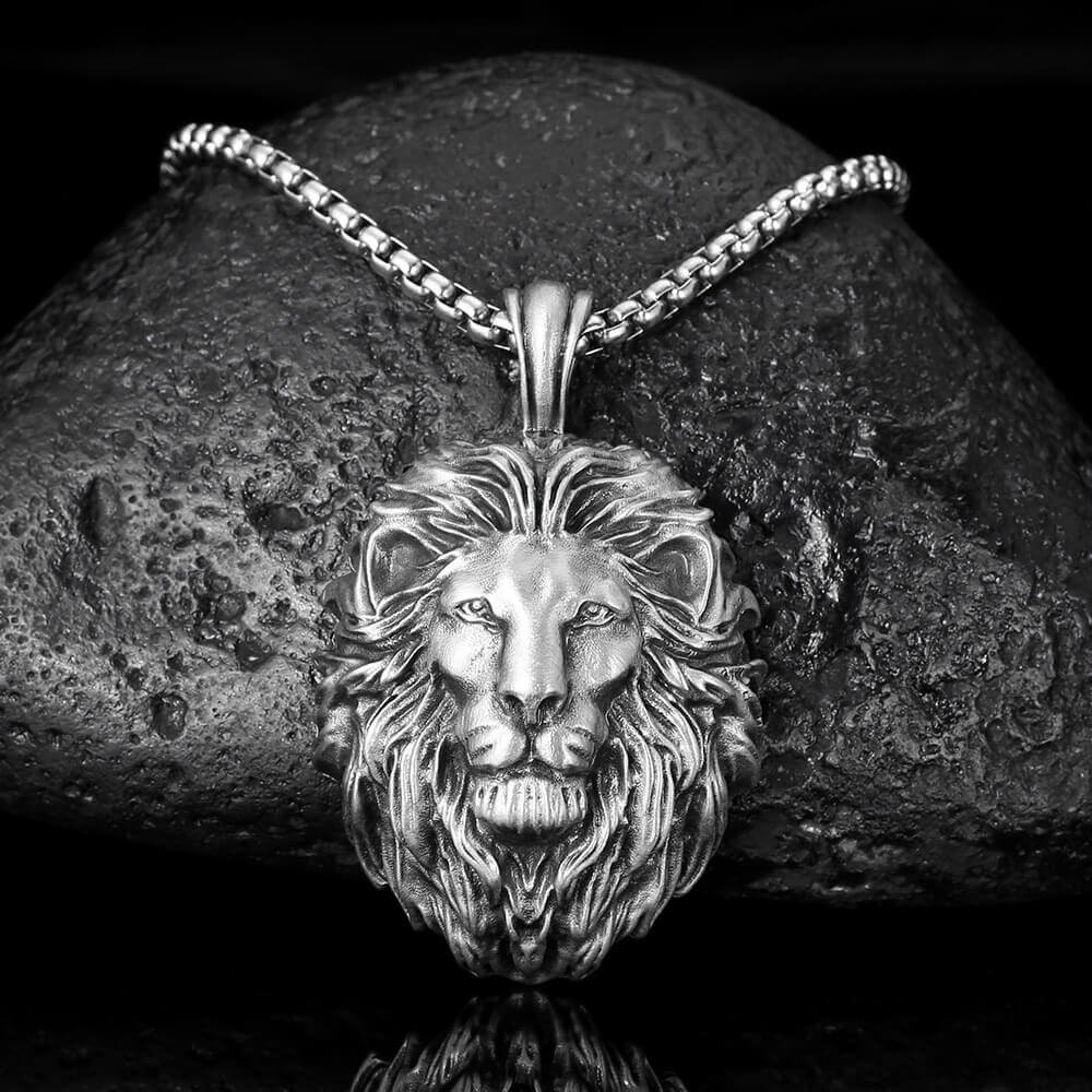 Alternative view of Aggressive Lion Head Pendant Stainless Box Chain Necklace