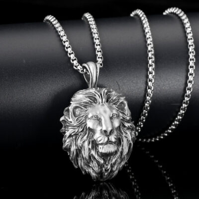 Aggressive Lion Head Pendant Stainless Box Chain Necklace Wholesale (1)