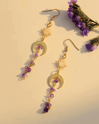 Amethyst Crystal Chip Earrings with Sun and Moon Bulk