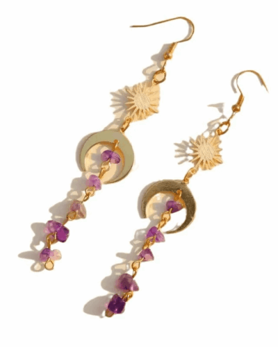 Amethyst Crystal Chip Earrings with Sun and Moon Bulk