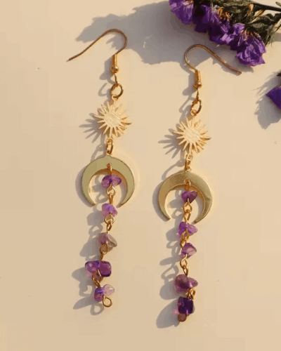 Amethyst Crystal Chip Earrings with Sun and Moon Bulk