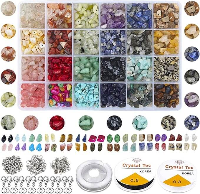 24 Color Gemstone Chip Beads Kit Crystal Jewellery Making Drilled Beads