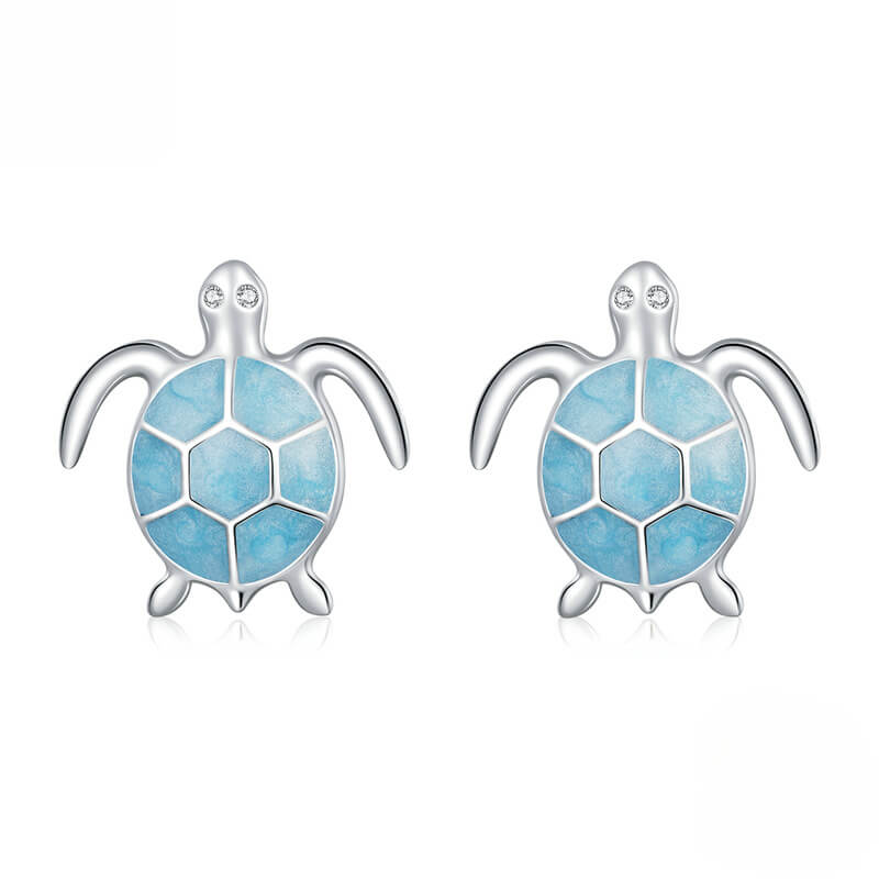Blue Sea Turtle Earrings Studs 925 Sterling Silver SHOW