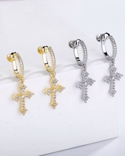 Chic Dangle Cross Earrings Men Diamond Wholesale (3)