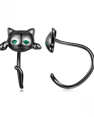 Cute 925 Sterling Silver Cat Huggie Earrings BLACK