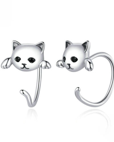 Cute 925 Sterling Silver Cat Huggie Earrings WHITE GOLD PLATED