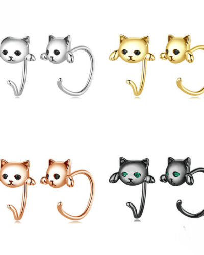 Cute 925 Sterling Silver Cat Huggie Earrings show