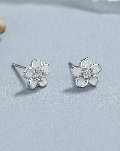 Cute Blossom Flower Stud Earrings Sterling Silver white gold white blossom