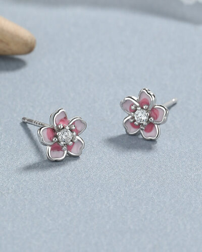 Cute Blossom Flower Stud Earrings Sterling Silver white gold pink blossom