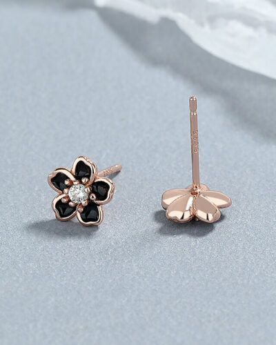 Cute Blossom Flower Stud Earrings Sterling Silver rose gold black blossom