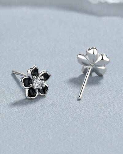 Cute Blossom Flower Stud Earrings Sterling Silver white gold black blossom