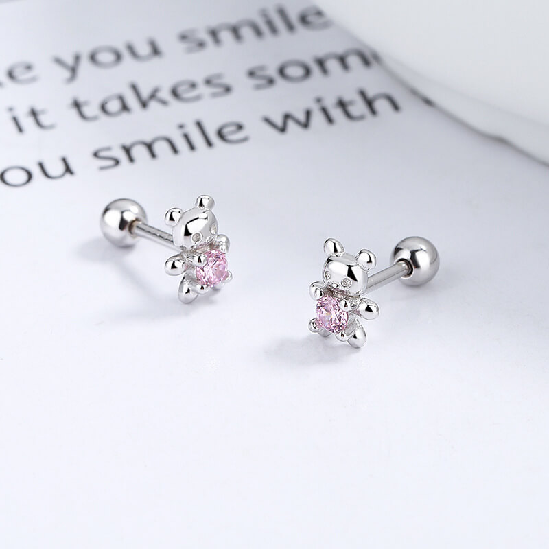 Cute Tiny Bear Earring 925 Sterling Silver Wholesale WHITE GOLD