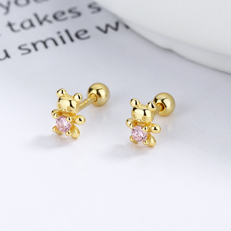 Cute Tiny Bear Earring 925 Sterling Silver Wholesale GOLD