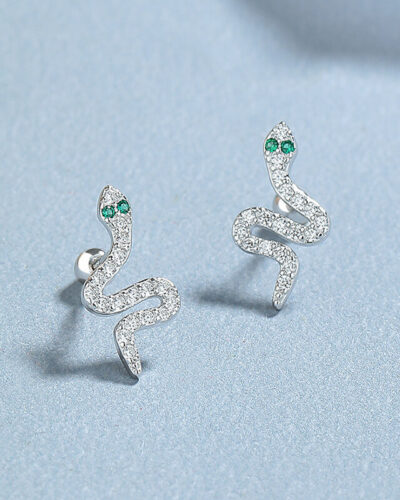 Distinctive 925 Sterling Silver Snake Stud Earrings WHITE GOLD