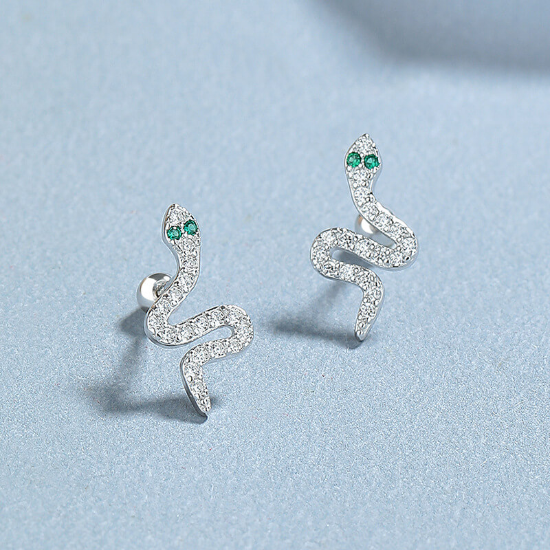 Distinctive 925 Sterling Silver Snake Stud Earrings WHITE GOLD