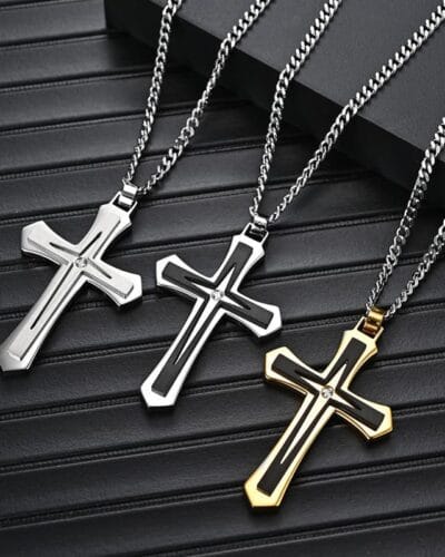 Double Color Mens Stainless Steel Cross Pendant Necklaces Wholesale (1)