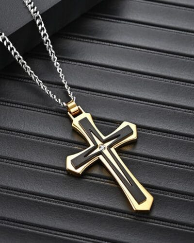 Double Color Mens Stainless Steel Cross Pendant Necklaces Wholesale (1)