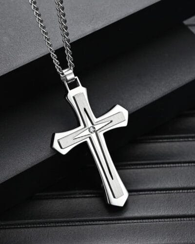 Double Color Mens Stainless Steel Cross Pendant Necklaces Wholesale (1)