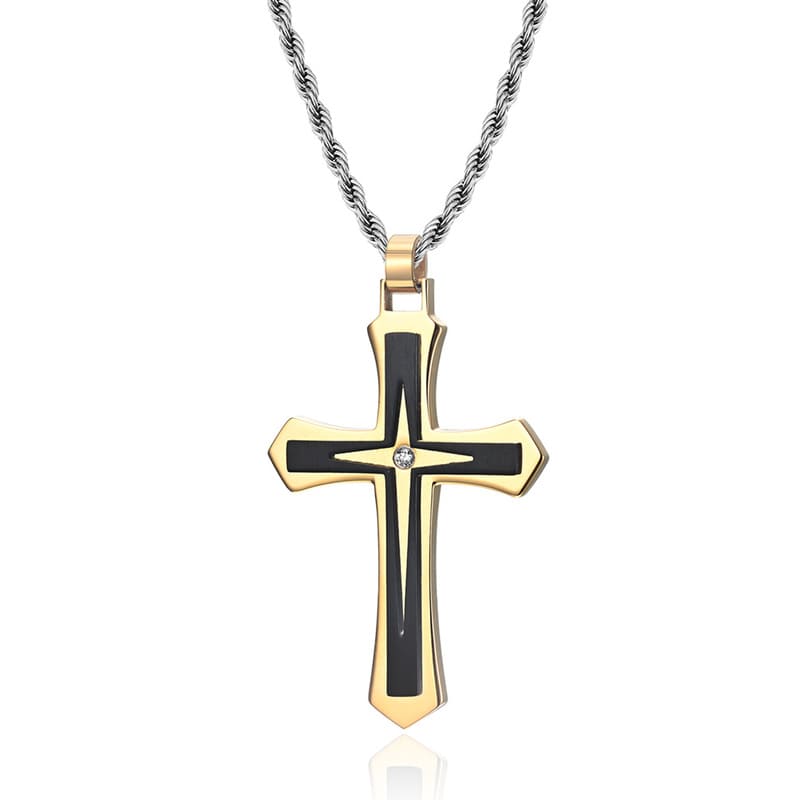 Double Color Mens Stainless Steel Cross Pendant Necklaces Wholesale (5)