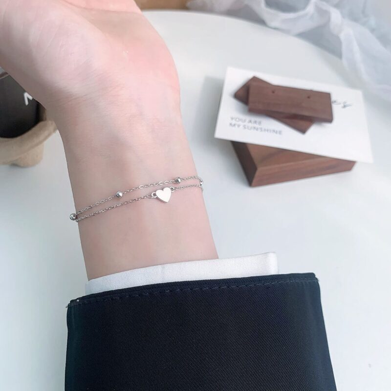 Double Layer 925 Sterling Silver Heart Bracelet Wholesale 3