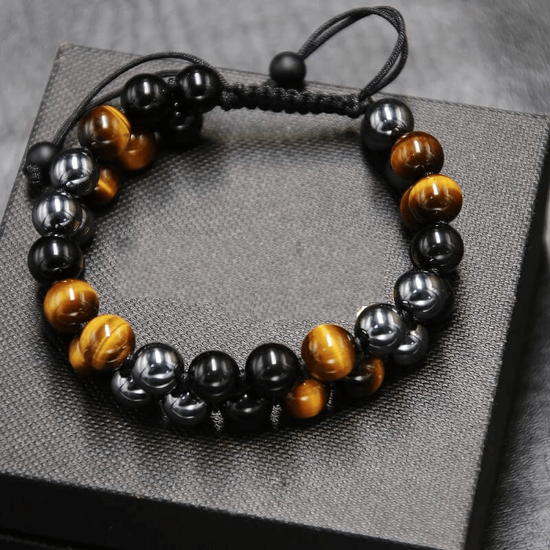 Adjustable Men's Tiger Eye Black Obsidian Hematite Bracelet