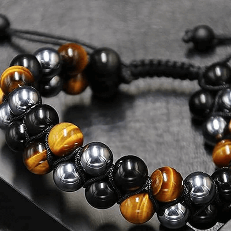 Adjustable Men's Tiger Eye Black Obsidian Hematite Bracelet