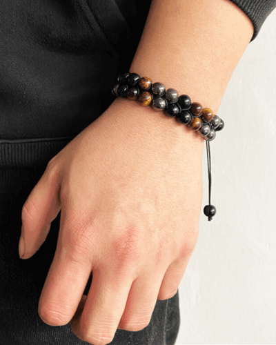 Adjustable Men's Tiger Eye Black Obsidian Hematite Bracelet