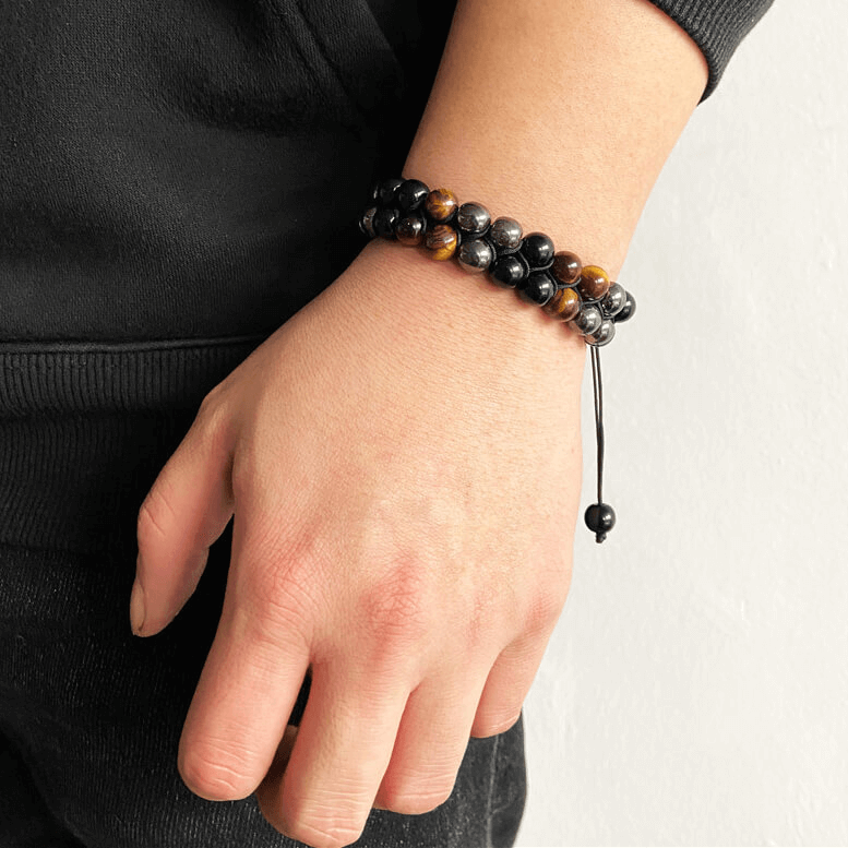 Adjustable Men's Tiger Eye Black Obsidian Hematite Bracelet