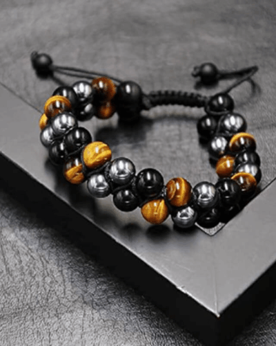 Adjustable Men's Tiger Eye Black Obsidian Hematite Bracelet