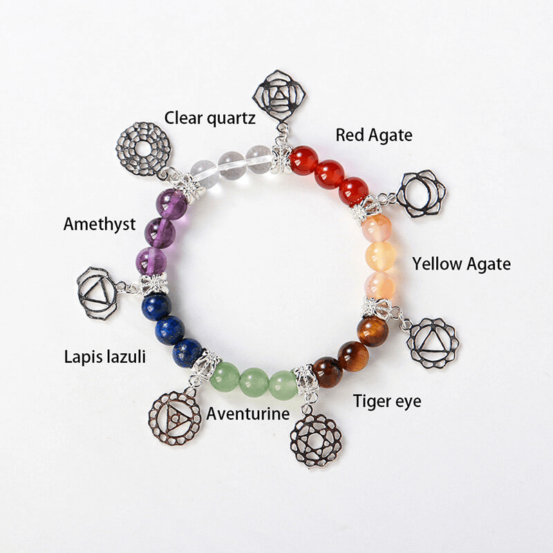 Healing 7 Chakra Stones Bracelet with Silver Patterns Bulk