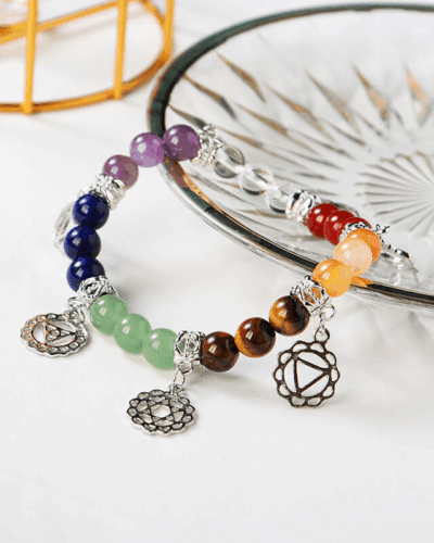 Healing 7 Chakra Stones Bracelet with Silver Patterns Bulk