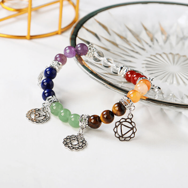 Healing 7 Chakra Stones Bracelet with Silver Patterns Bulk