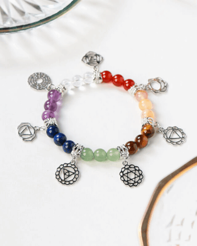 Healing 7 Chakra Stones Bracelet with Silver Patterns Bulk