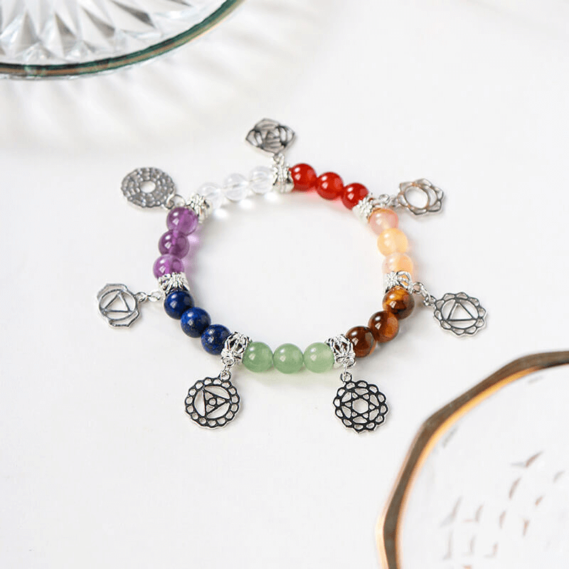 Healing 7 Chakra Stones Bracelet with Silver Patterns Bulk