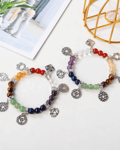 Healing 7 Chakra Stones Bracelet with Silver Patterns Bulk