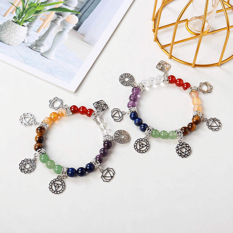Healing 7 Chakra Stones Bracelet with Silver Patterns Bulk