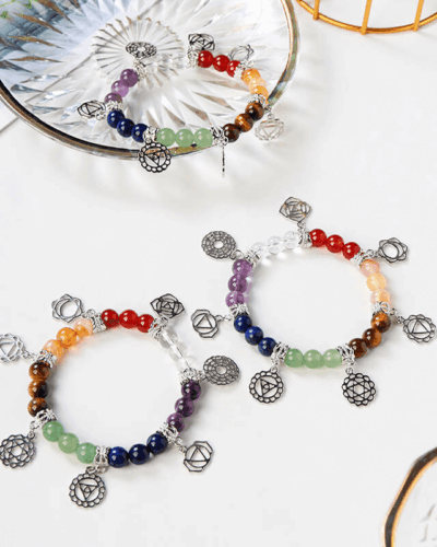 Healing 7 Chakra Stones Bracelet with Silver Patterns Bulk