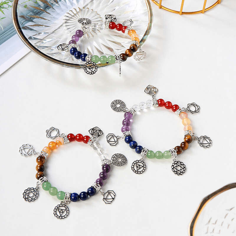 Healing 7 Chakra Stones Bracelet with Silver Patterns Bulk
