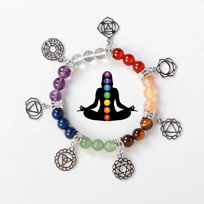 Healing 7 Chakra Stones Bracelet with Silver Patterns Bulk